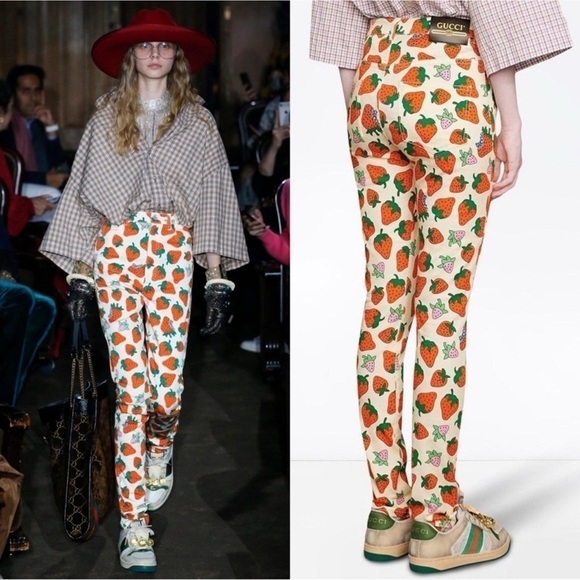 GUCCI Maximalist Luxury Spring Fruit Strawberry Skinny Cotton Twill Pants 25 NWT - Picture 1 of 13
